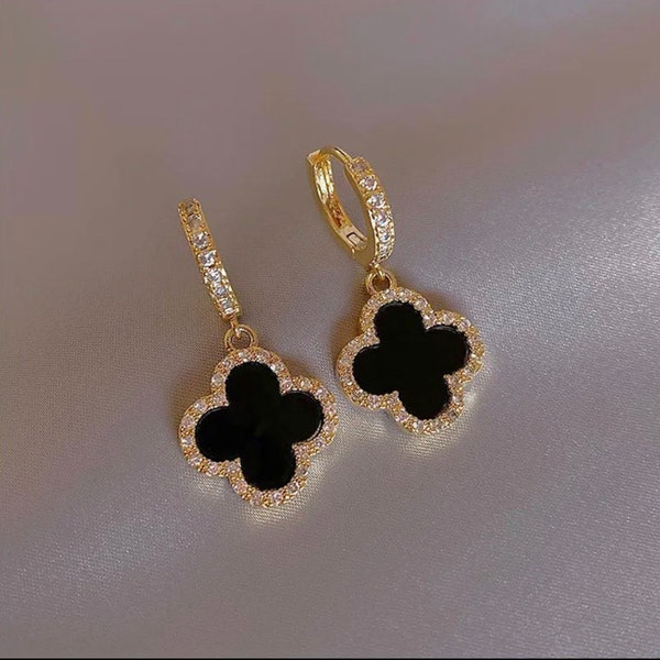 Black Four Leaf Clover Earrings, Minimalist Delicate Lucky Clover Earrings, Elegant Everyday Earrings, Lightweight, Irish Jewelry, Wife Gift