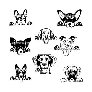 Può includere: Illustrazioni in bianco e nero di diverse razze di cani che sbirciano da sopra una superficie. I cani includono un Bulldog Francese, un Chihuahua, un Labrador Retriever, un Pitbull, un Boxer e un Pastore Tedesco.