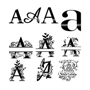 Peut inclure: Collection de neuf modèles de lettres "A" noires dans différents styles. Les modèles comprennent des versions avec empattement, manuscrites et décoratives, certaines avec des accents floraux et papillons. Les lettres sont affichées sur fond blanc.