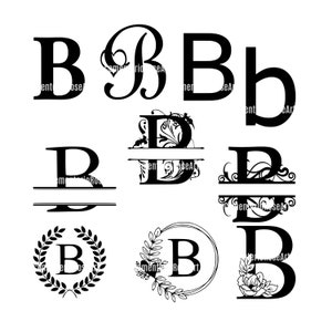 May include: A set of nine black and white letter B monogram designs. The designs include a classic script font, a split monogram with a floral design, a wreath, and a circle with floral accents.