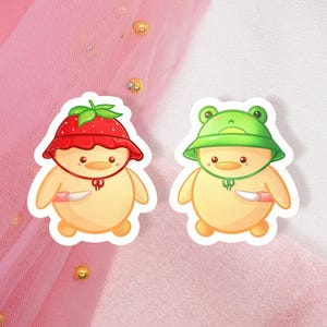 Sticker Duck Bird with knife meme wearing a cute froggie Strawberry hat couple best friends matching Sticker
