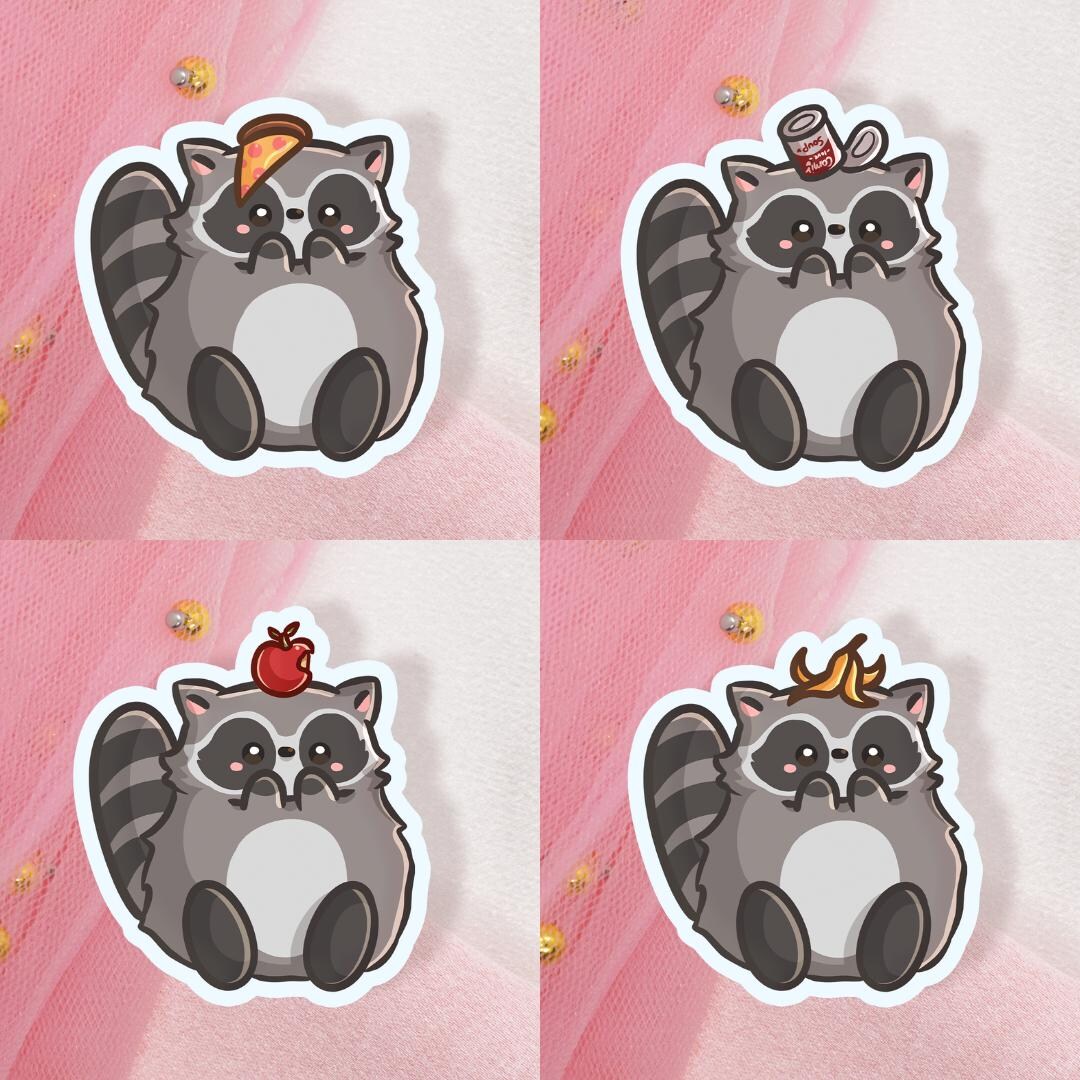 Cute Adorable Racoon Sticker Cute Kawaii Raccoon With Trash Stickers | Raccoon With Food | Racoon ...