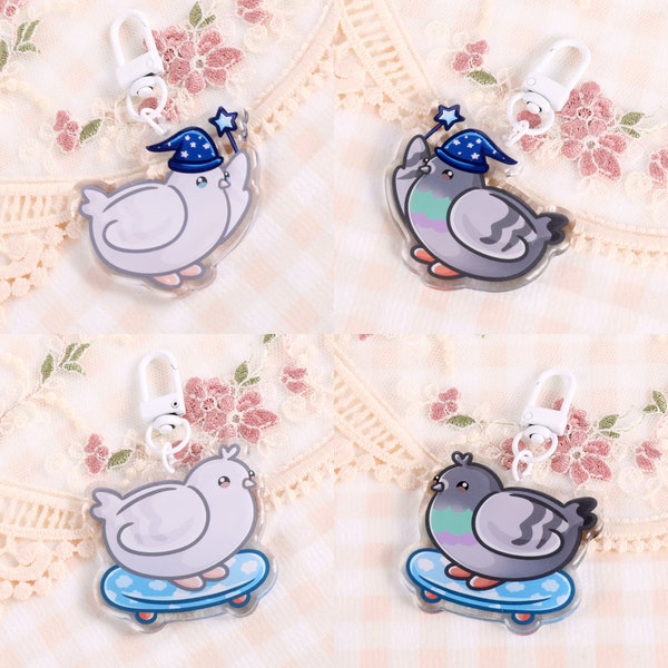 Kawaii Magic & Skateboard Pigeon Keychain | Pigeons | Dove | Skateboard | Sk8 | Magic | Cute | Animal Keychain | Wizard Birb Borb