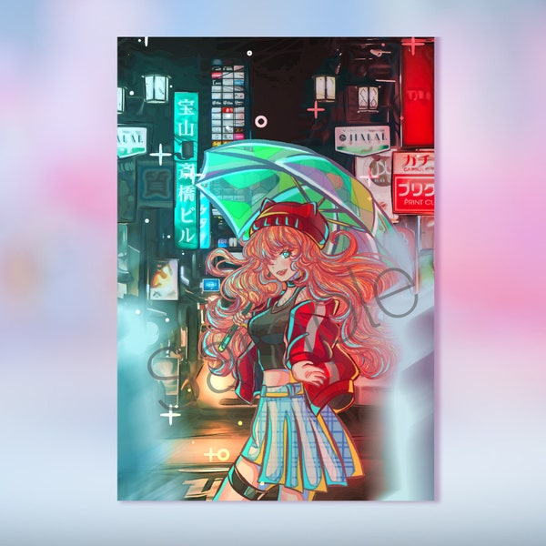 Cute Colorful Manga Girl Osaka by Night Kunstdruck | Original Character | OC | Kawaii Anime Girl in Japan | Photo Print | Small Artprint