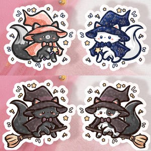 Cute Kawaii Spooky Halloween Cats Glitter Stickers | Cat Pet | Neko | Cute Meme Magician Witch Cats | Laptop Stickers | Magic Witch