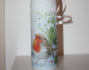 Robin Light up Bottle Lamp, Decoupage Bottle Light, Bottle with Light, Christmas Bottle Lamp, LED Battery Operated Light