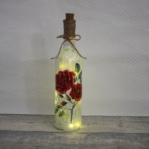 LED Red Roses Bottle Lamp, Wine Bottle Light, Decoupage Bottle Lamp, Bottle With Lights
