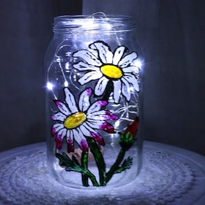 Flowers Handmade Painted Glass Lamp Jar by Young Artist, Quality Light Jar, Decoupage Bottle Lamp, Bottle With Lights