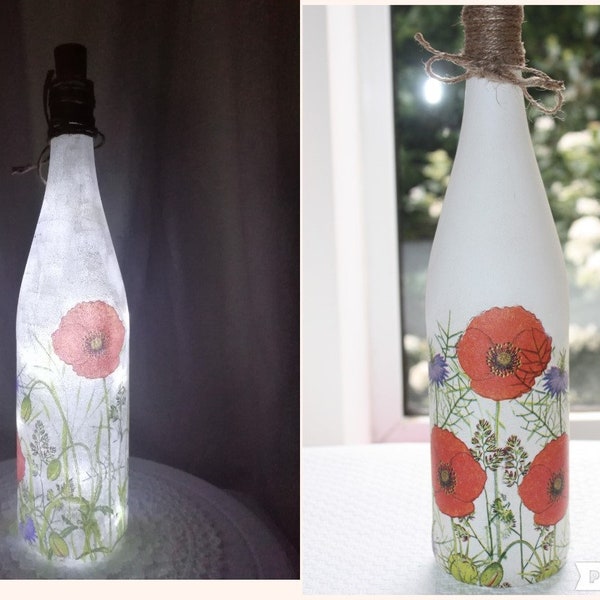 LED Poppies Bottle Lamp, Wine Bottle Light, Decoupage Bottle Lamp, Bottle With Lights