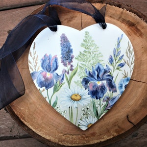 15cm Wood Irises Double sided mixed media handcrafted decoupaged heart plaque