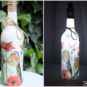 LED Robins Bottle Light, Bottle Lamp, Wine Bottle Bottle Lamp, Wine Bottle Light,  Decoupage Bottle Lamp, Bottle With Lights