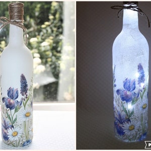 Light up Bottle Lamp, Decoupage Iris Bottle Light, Bottle with Light, Flowers Bottle Lamp, LED Battery Operated Light, Up-cycled Wine Bottle