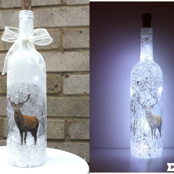 Light up Bottle Lamp, Christmas Deer Bottle Light, Bottle with Light, Bottle Lamp, LED Battery Operated Light, Up-cycled Wine Bottle
