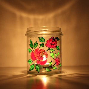 Roses Handmade Painted Glass Lamp Jar, Quality Light Jar, Decoupage Bottle Lamp, Bottle With Lights