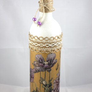 Folk Light up Bottle Lamp, Decoupage Poppies Bottle Light, Bottle with Light, Bottle Lamp, LED Battery Operated Light, Up-cycled Wine Bottle