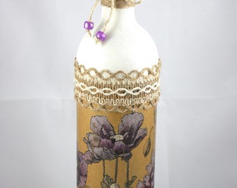 Folk oplichtende fleslamp, decoupage klaprozen fleslicht, fles met licht, fleslamp, led-lamp op batterijen, up-cycled wijnfles