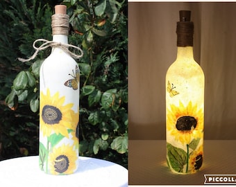 LED Hand Painted Wine Bottle Lamp, Sunflowers Bottle Lamp, Wine Bottle Light, Decoupage Bottle Lamp, Bottle With Lights, Sunflower Lantern