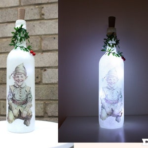 Light up Bottle Lamp, Decoupage Elf Bottle Light, Bottle with Light, Christmas Bottle Lamp, LED Battery Operated Light