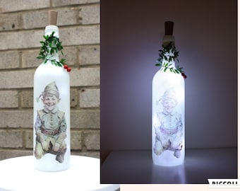Light up Bottle Lamp, Decoupage Elf Bottle Light, Bottle with Light, Christmas Bottle Lamp, LED Battery Operated Light