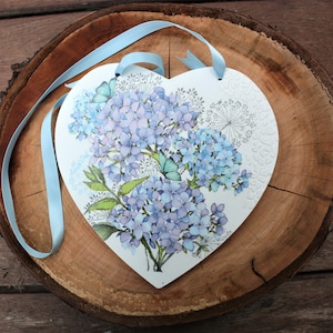 15cm Wooden double sided Lilac mixed media handcrafted decoupaged heart plaque