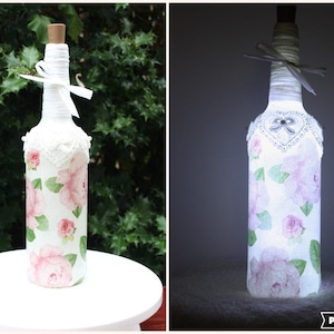 LED Vintage Roses Bottle Lamp, Wine Bottle Light, Decoupage Bottle Lamp, Bottle With Lights