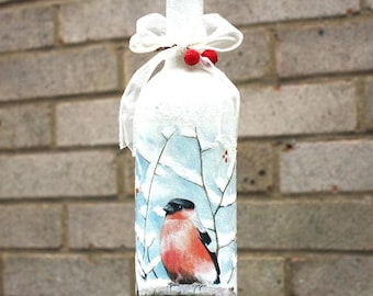 Fleslamp oplichten, Robbin-fleslamp decoupage, fles met licht, fleslamp Cgristmas, led-lamp op batterijen