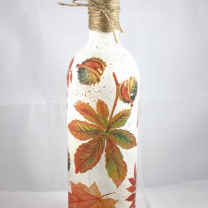 Leaves Light up Bottle Lamp, Decoupage Bottle Light, Bottle with Light, Bottle Lamp, LED Battery Operated Light, Up-cycled Wine Bottle