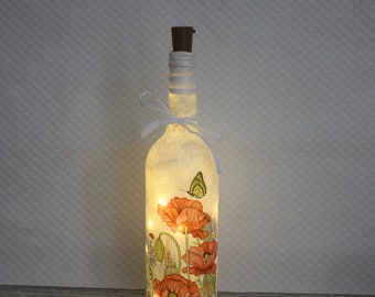 LED-fleslamp, fleslamp knipsel klaprozen, fles met licht, fleslamp, led-lamp op batterijen, up-cycled wijnfles