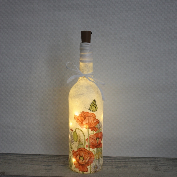 LED Light up Bottle Lamp, Decoupage Poppies Bottle Light, Bottle with Light, Bottle Lamp, LED Battery Operated Light, Up-cycled Wine Bottle