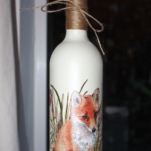 Light up Bottle Lamp, Decoupage Fox Bottle Light, Bottle with Light, Fox Bottle Lamp, LED Battery Operated Light, Up-cycled Wine Bottle