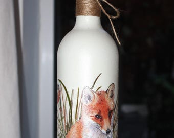 Light up Bottle Lamp, Decoupage Fox Bottle Light, Bottle with Light, Fox Bottle Lamp, LED Battery Operated Light, Up-cycled Wine Bottle