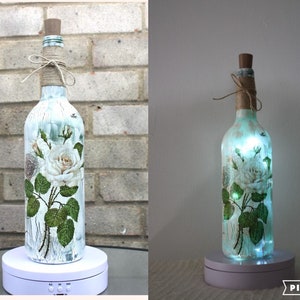 LEDWhite Rose Bottle Lamp, Wine Bottle Light, Decoupage Bottle Lamp, Bottle With Lights