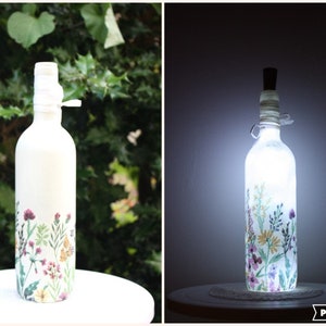 Summer Blossom Bottle Lamp / LED Wine Bottle Lamp  | Wine Bottle Light | Decoupage Bottle Lamp | Bottle With Lights