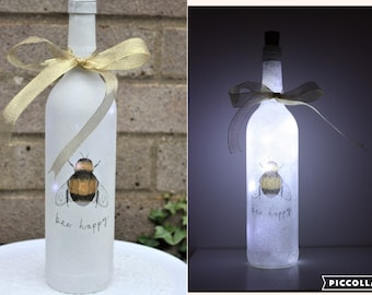 Bee Happy Light up Bottle Lamp, Decoupage Bottle Light, Bottle with Light, Bottle Lamp, LED Battery Operated Light, Up-cycled Wine Bottle