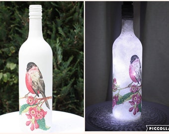 LED Robbin Bottle Lamp,  Wine Bottle Light, Decoupage Bottle Lamp, Bottle With Lights