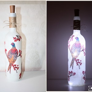 Lámpara LED para botella de vino, lámpara para botella con forma de faisán y pájaro, luz para botella de vino, lámpara para decoupage, botella con luces, regalo para profesor