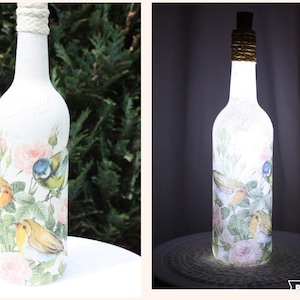 Lámpara de botella con forma de pájaro LED, lámpara para botella de vino, lámpara para botella con luz LED, lámpara para botella con decoupage, lámpara para botella con luces, trío de pájaros