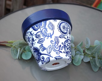 15cm Glazed Blue Flowers Plant Pot, terracotar garden pot, planter, gift for teacher
