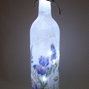 Light up Bottle Lamp, Decoupage Iris Bottle Light, Bottle with Light, Flowers Bottle Lamp, LED Battery Operated Light, Up-cycled Wine Bottle