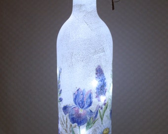 Light up Bottle Lamp, Decoupage Iris Bottle Light, Bottle with Light, Flowers Bottle Lamp, LED Battery Operated Light, Up-cycled Wine Bottle