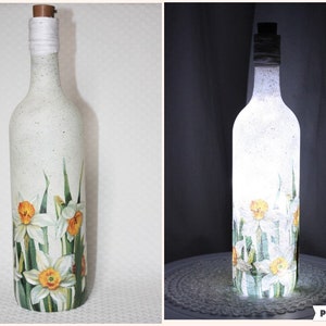Lámpara de botella con narcisos LED, luz para botella de vino, lámpara para decoupage, botella con luces