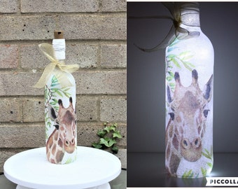 Giraffe Bottle Light, Decoupage Light up Bottle Lamp, Bottle Lamp, LED Battery Operated Light, Up-cycled Wine Bottle