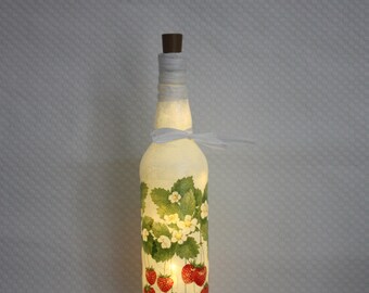 LED Strawberry Light up Bottle Lamp, Decoupage Bottle Light, Bottle with Light, Bottle Lamp, Up-cycled Wine Bottle