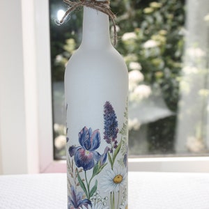 LED Wine Bottle light, Iris Medow LED battery operated lights, up-cycled wine bottle, Decoupage Bottle Lamp, Bottle With Lights