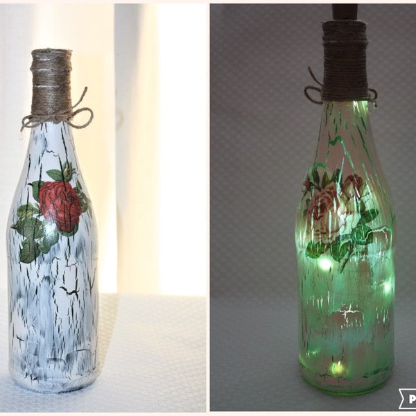 LED Hand Painted Roses Bottle Lamp, Wine Bottle Light, Decoupage Bottle Lamp, Bottle With Lights