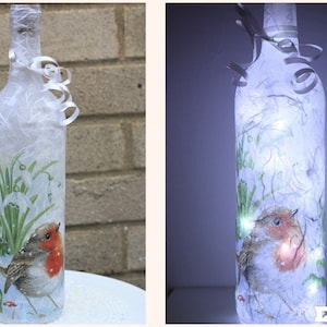 Robin Light up Bottle Lamp, Decoupage Bottle Light, Bottle with Light, Christmas Bottle Lamp, LED Battery Operated Light