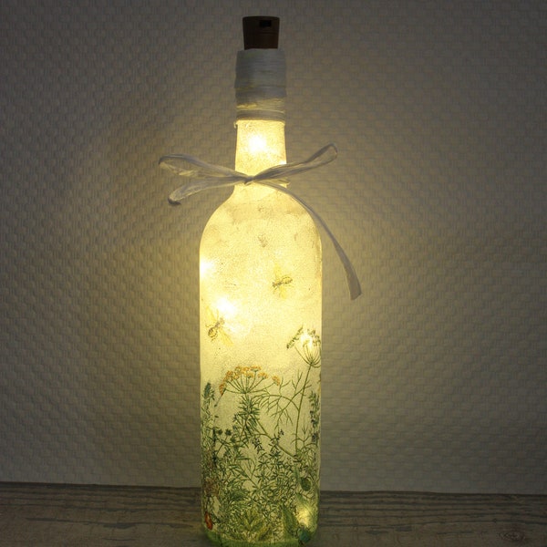 LED Meadow Field wine bottle light, LED Battery Operated Light, Decoupage bottle light