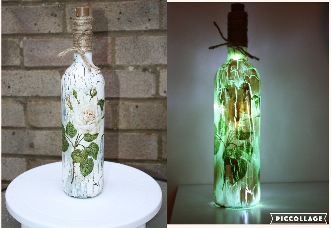 Ledwhite Rose Bottle Lamp Wine Bottle Light Decoupage Bottle Etsy UK