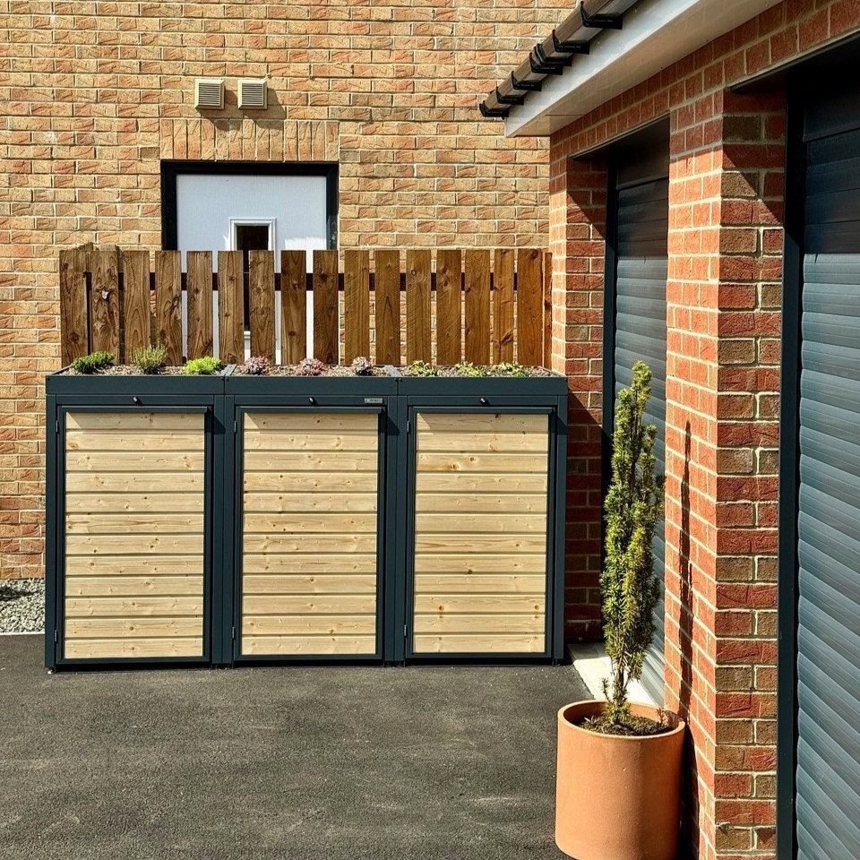 Wood Premium Wheelie Bin Store With Green Roof Planter- 240L