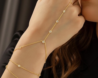 Zircon Hand Chain, Finger Bracelet, Gold Hand Harness,  Boho Hand Jewelry, Pink Stone Chain, Dainty Slave Bracelet, Hand Chain Bracelet